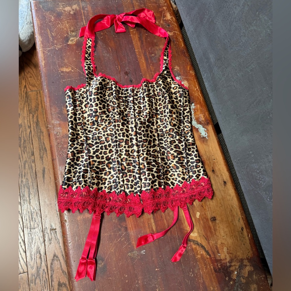 VTG 90s Y2K Frederick's of Hollywood Cheetah & Red Lace Corset & Thong NWT Sz 38